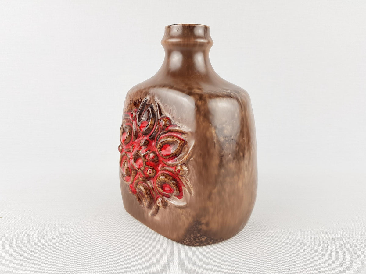 Vintage VEB STREHLA Brown Vase with Red Flower Decor 1270 East German DDR Pottery 1960s