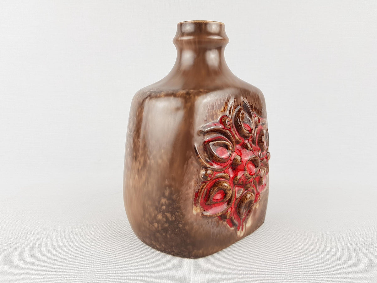 Vintage VEB STREHLA Brown Vase with Red Flower Decor 1270 East German DDR Pottery 1960s