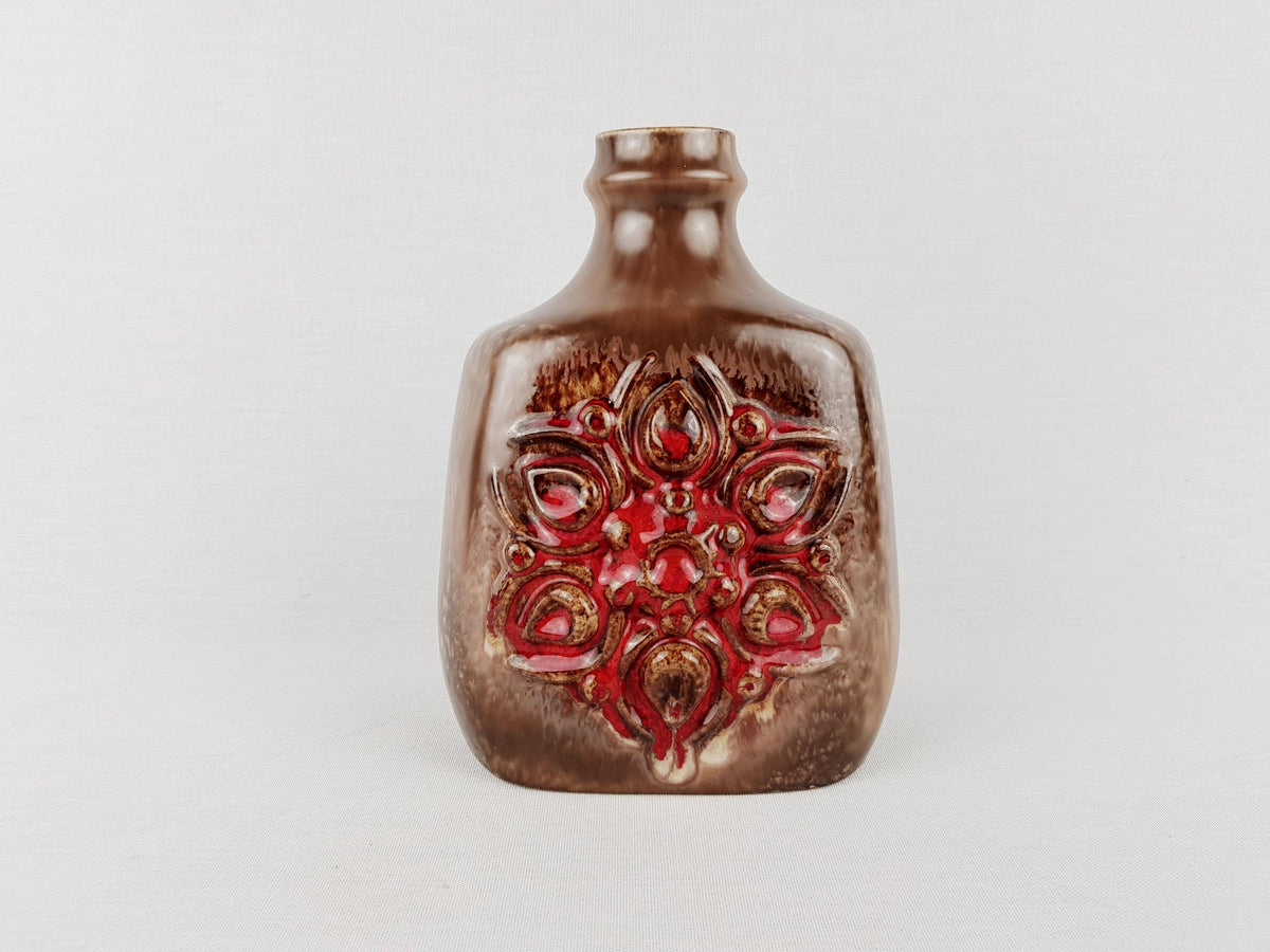 Vintage VEB STREHLA Brown Vase with Red Flower Decor 1270 East German DDR Pottery 1960s