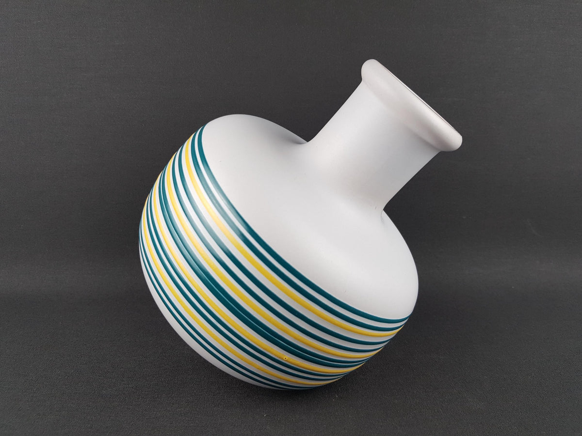 Vintage STEULER KERAMIK White Vase with Green and Yellow Stripes 132/20 West German Pottery 1970s