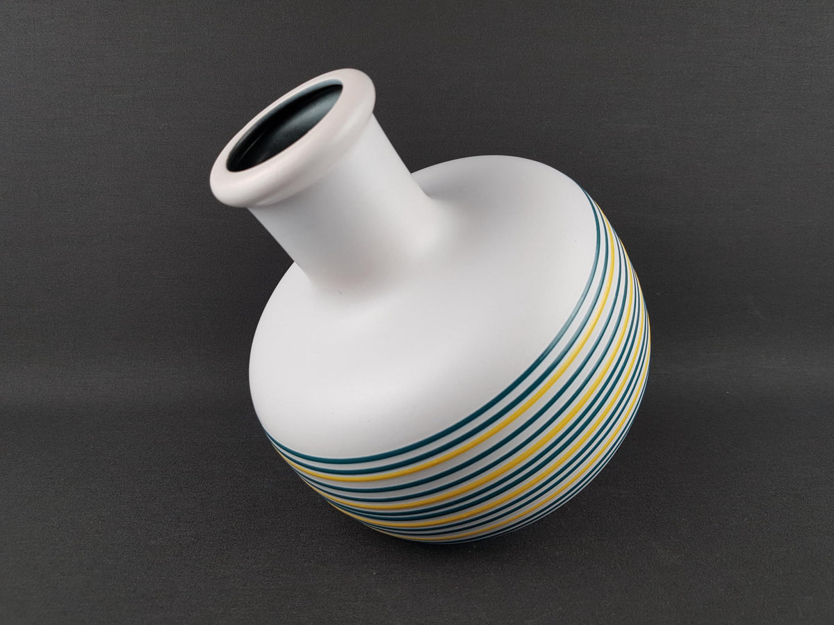 Vintage STEULER KERAMIK White Vase with Green and Yellow Stripes 132/20 West German Pottery 1970s