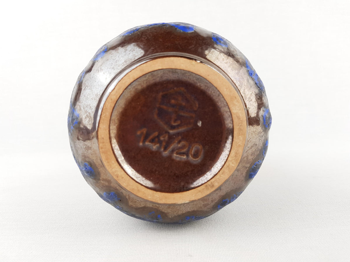 Vintage STEULER KERAMIK Handled Blue and Brown Fat Lava Jug Vase 141-20 West German Pottery 1960s