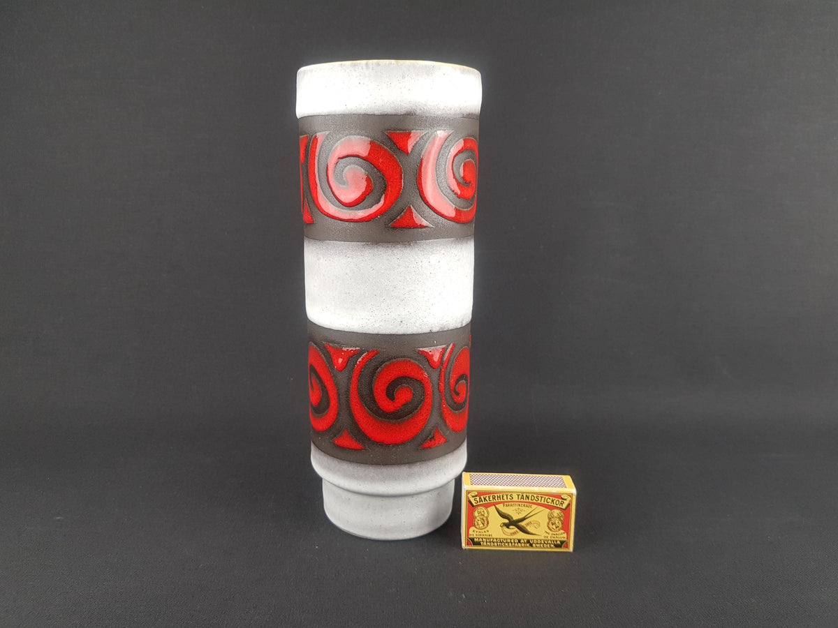 Vintage BAY KERAMIK Vase | Bold Red Swirls & White Glaze Decor Samos | Mid-Century Modern Ceramic | Yellow Interior 1967s