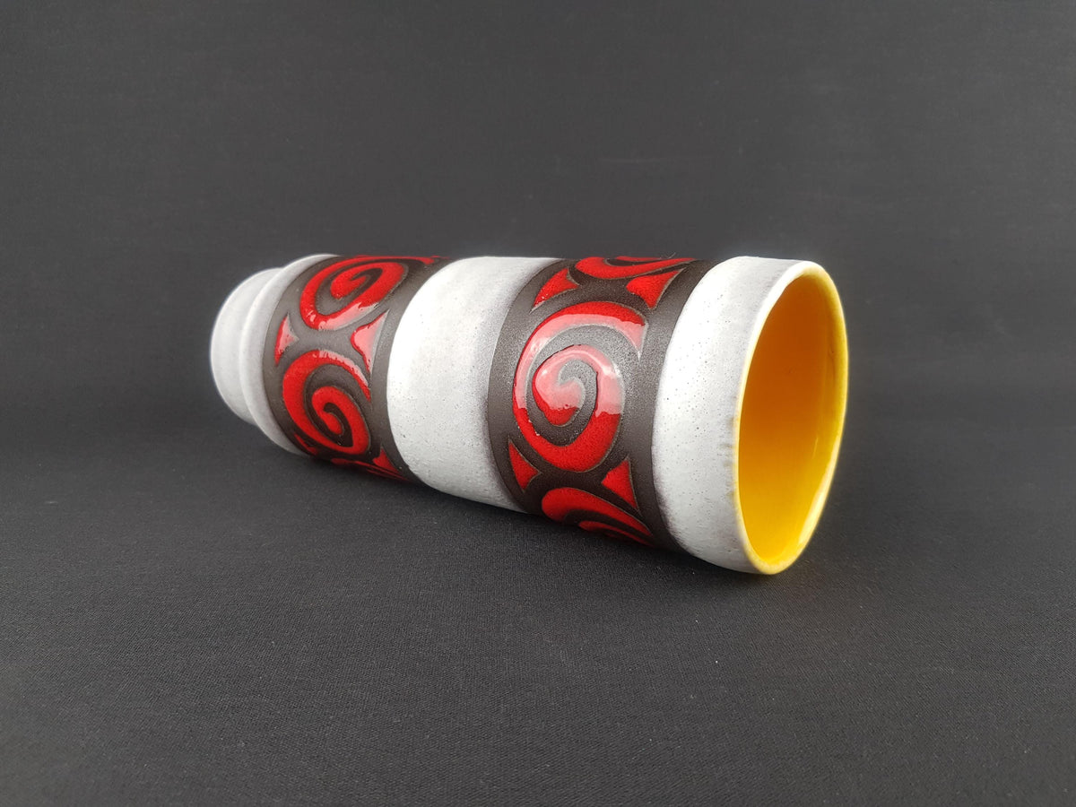 Vintage BAY KERAMIK Vase | Bold Red Swirls & White Glaze Decor Samos | Mid-Century Modern Ceramic | Yellow Interior 1967s