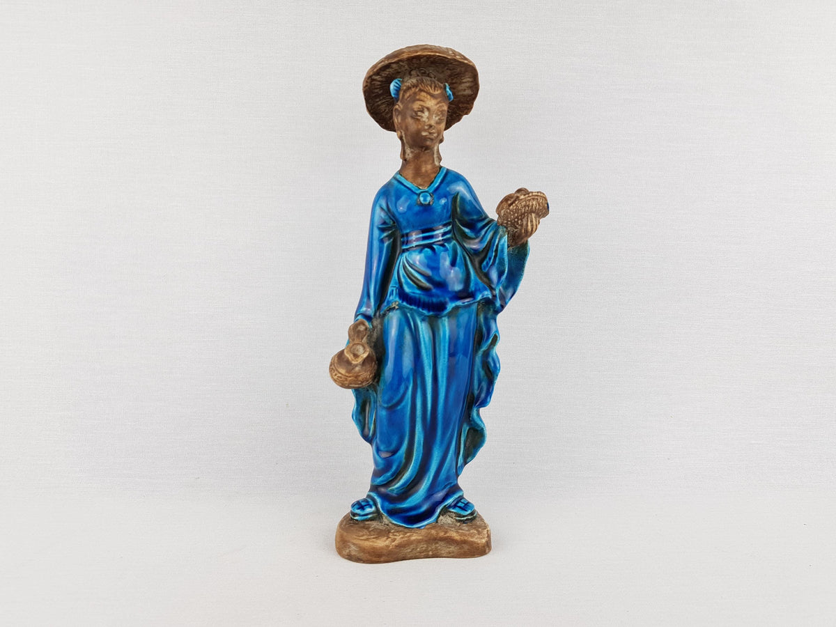 RARE Vintage URBANO ZACCAGNINI Chinese Lady in Blue with Mushroom Hat Figurine Italian Pottery 1950s 1960s