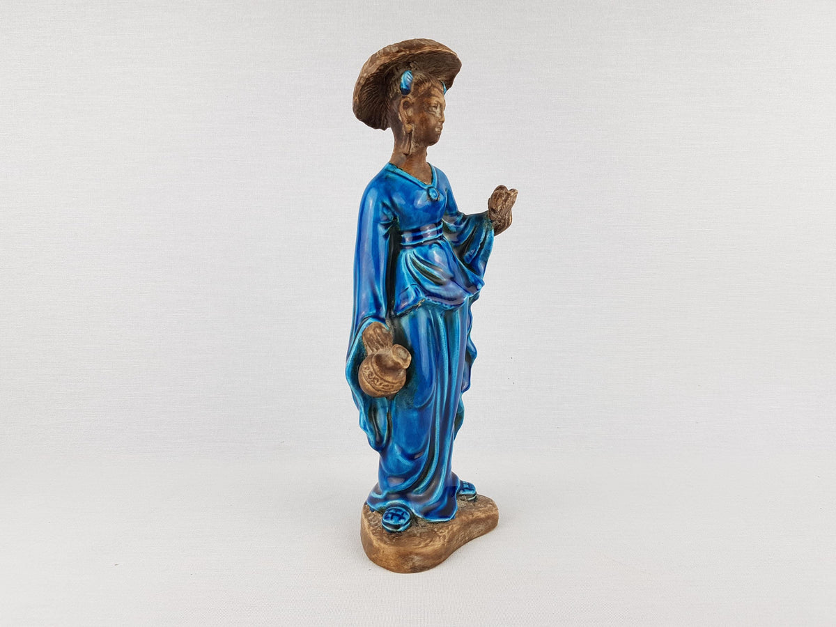 RARE Vintage URBANO ZACCAGNINI Chinese Lady in Blue with Mushroom Hat Figurine Italian Pottery 1950s 1960s