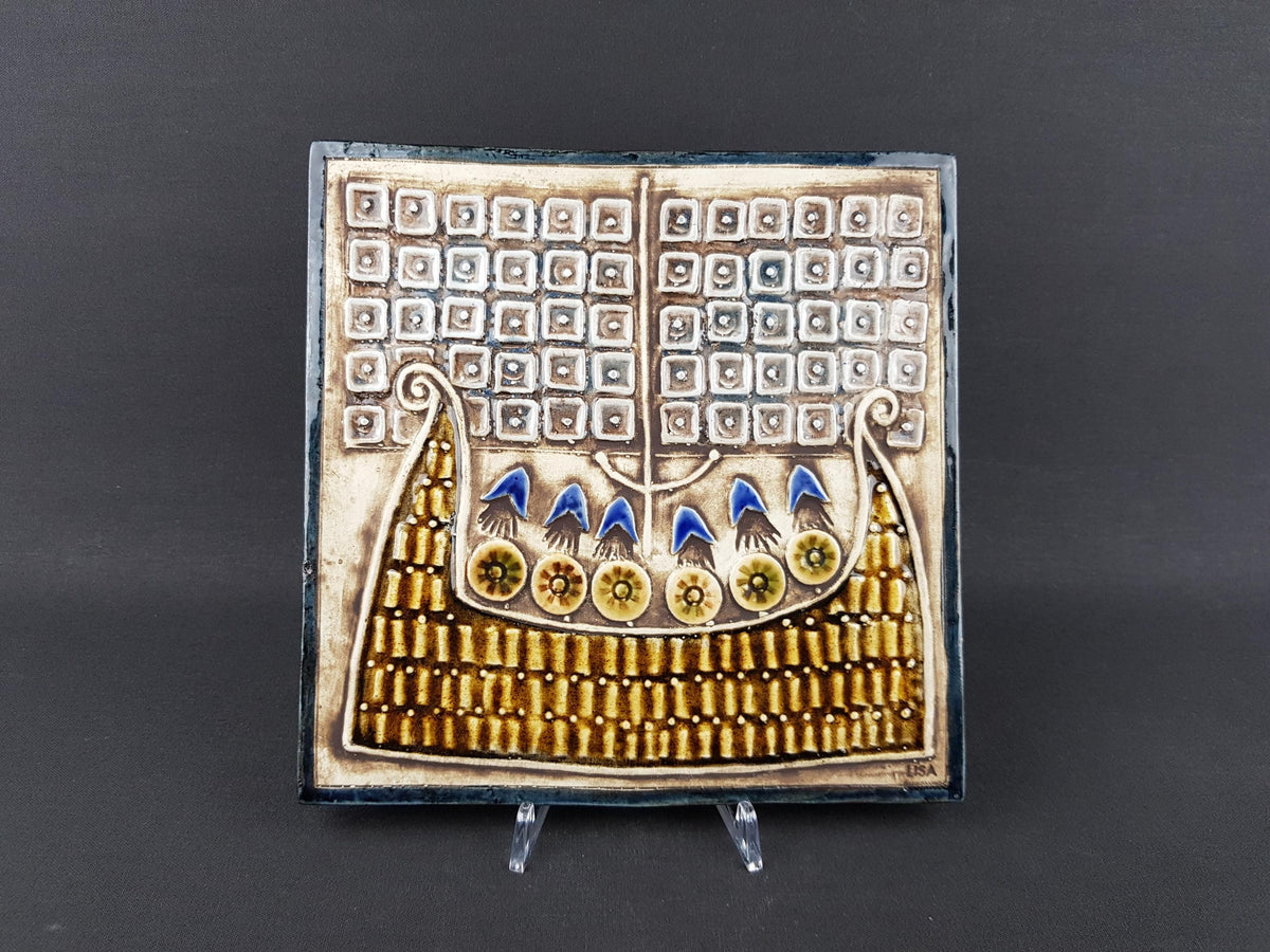 Vintage LISA LARSON for Gustavsberg, Tile with Viking Ship from the UNIK Series Sweden 1962-1967s