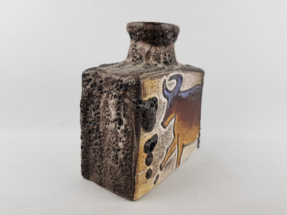 Vintage SCHEURICH KERAMIK Rectangular Vase With Bull and Horse Decor 281-19 West German Pottery 1970s