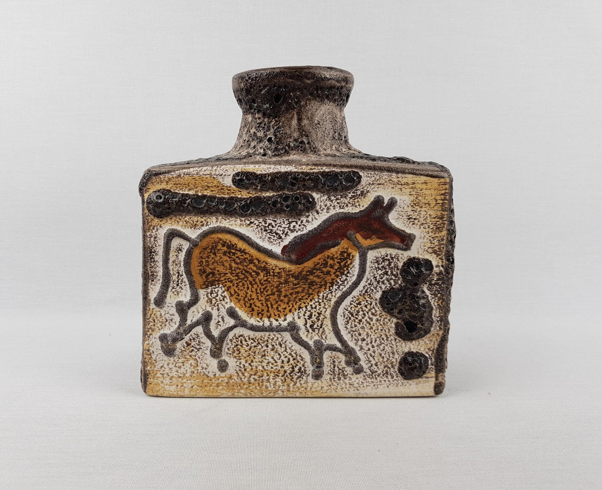 Vintage SCHEURICH KERAMIK Rectangular Vase With Bull and Horse Decor 281-19 West German Pottery 1970s