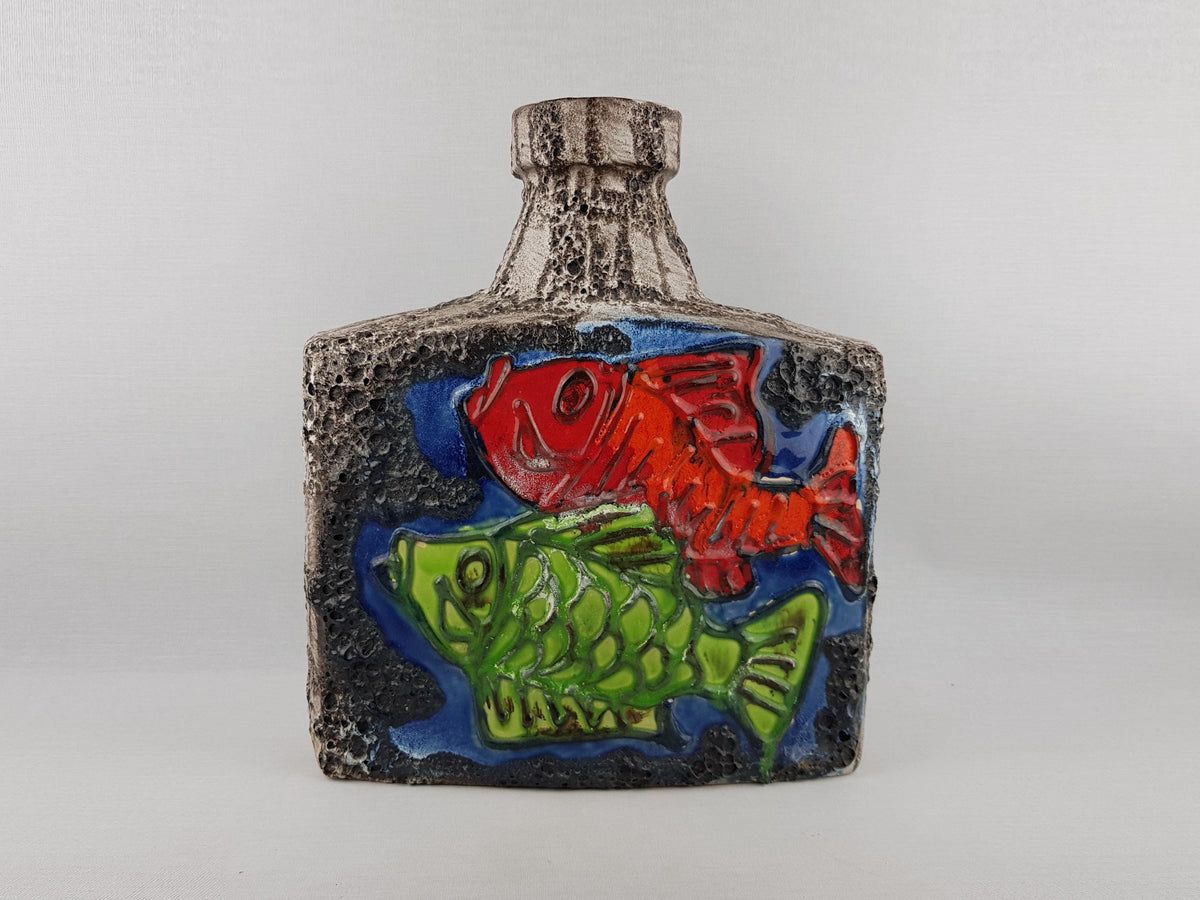XXL SCHEURICH KERAMIK Rectangular Fat Lava Floor Vase 281-39 with Fish decor 1972s