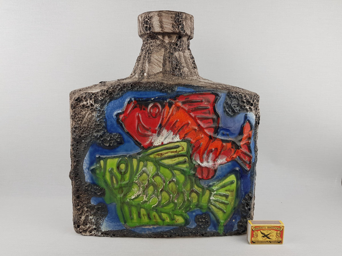 XXL SCHEURICH KERAMIK Rectangular Fat Lava Floor Vase 281-39 with Fish decor 1972s