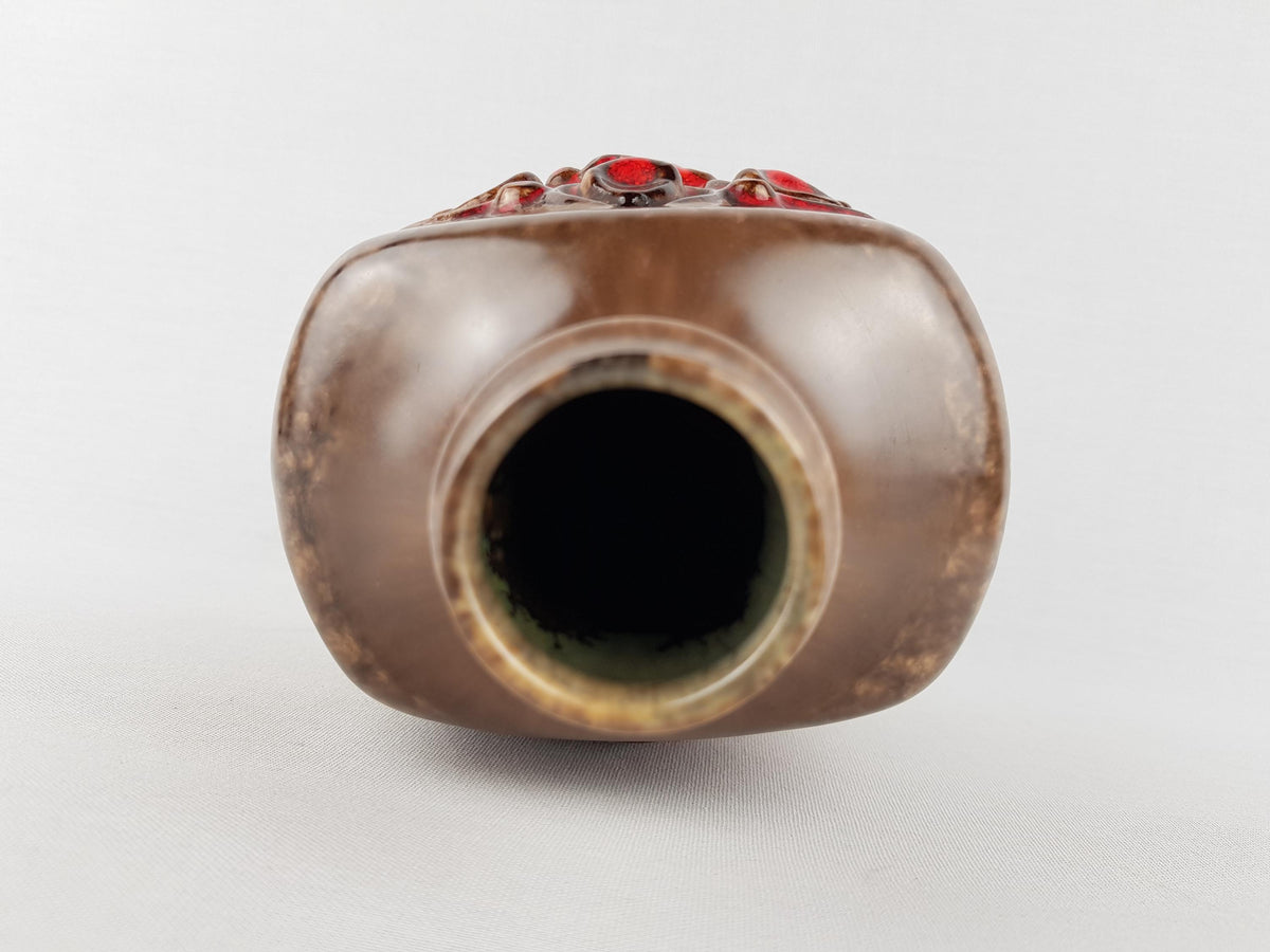 Vintage VEB STREHLA Brown Vase with Red Flower Decor 1270 East German DDR Pottery 1960s
