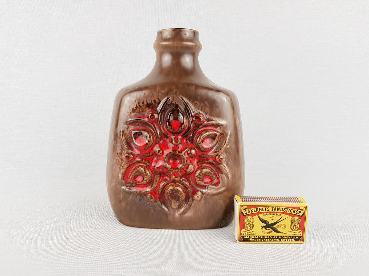 Vintage VEB STREHLA Brown Vase with Red Flower Decor 1270 East German DDR Pottery 1960s