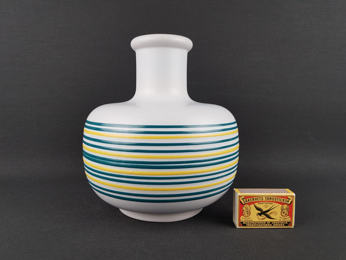 Vintage STEULER KERAMIK White Vase with Green and Yellow Stripes 132/20 West German Pottery 1970s