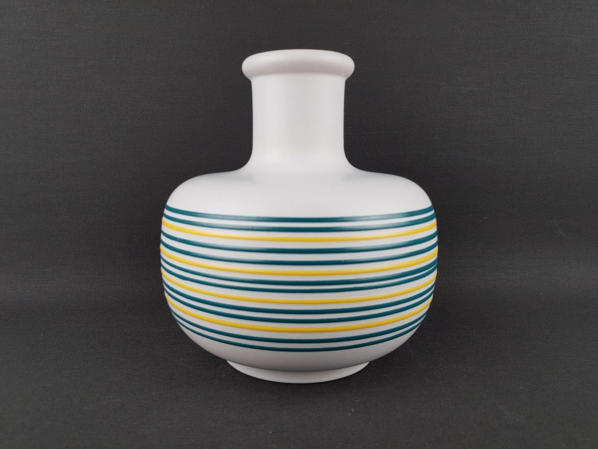 Vintage STEULER KERAMIK White Vase with Green and Yellow Stripes 132/20 West German Pottery 1970s
