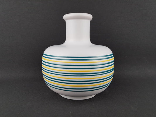 Vintage STEULER KERAMIK White Vase with Green and Yellow Stripes 132/20 West German Pottery 1970s