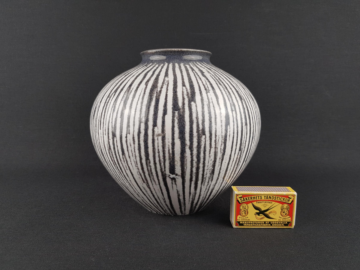 Vintage ES KERAMIK White Vase with Gray Stripes Decor 603-13 West German Pottery 1950s