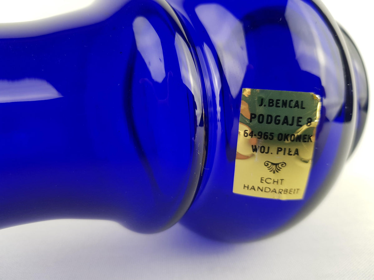 Vintage J. BENCAL Handmade Blue Glass Vase From Poland (Mid-Century Art Glass)
