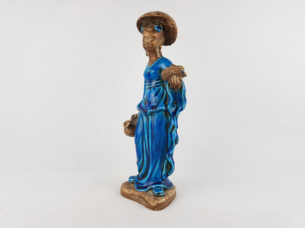 RARE Vintage URBANO ZACCAGNINI Chinese Lady in Blue with Mushroom Hat Figurine Italian Pottery 1950s 1960s