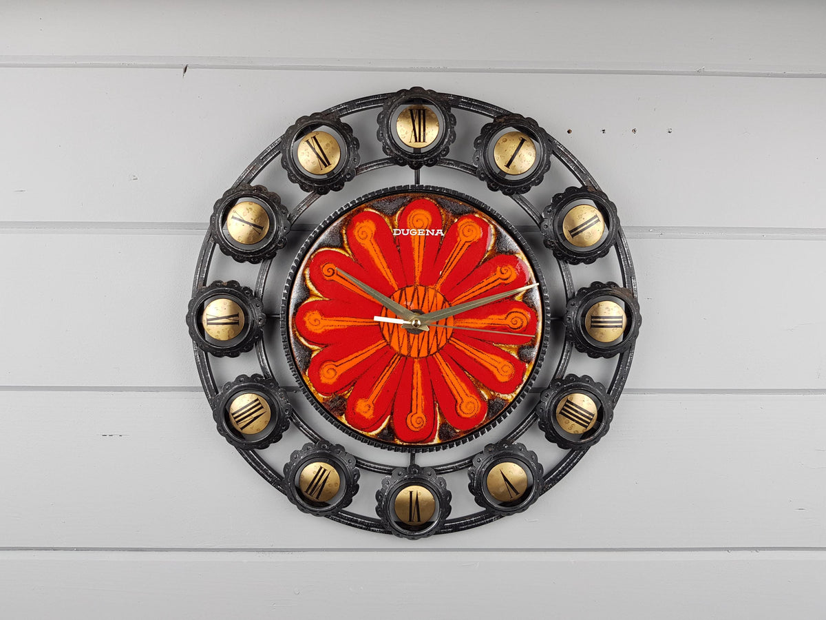 Vintage DUGENA KERAMIK Orange, Red Ceramic and Metallic Quartz Kitchen Wall Clock West German Pottery 1970s