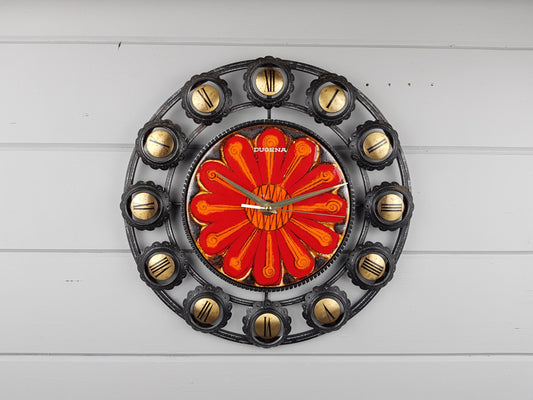 Vintage DUGENA KERAMIK Orange, Red Ceramic and Metallic Quartz Kitchen Wall Clock West German Pottery 1970s