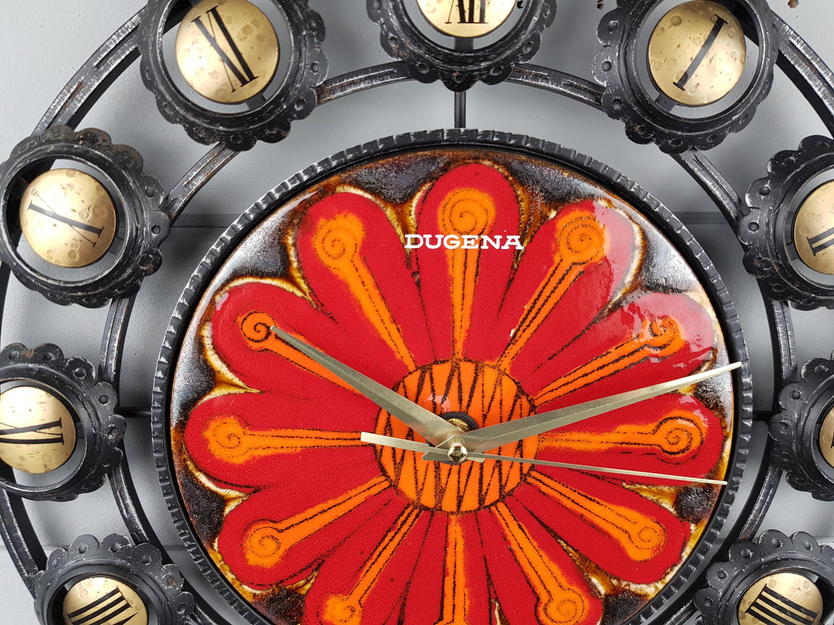 Vintage DUGENA KERAMIK Orange, Red Ceramic and Metallic Quartz Kitchen Wall Clock West German Pottery 1970s