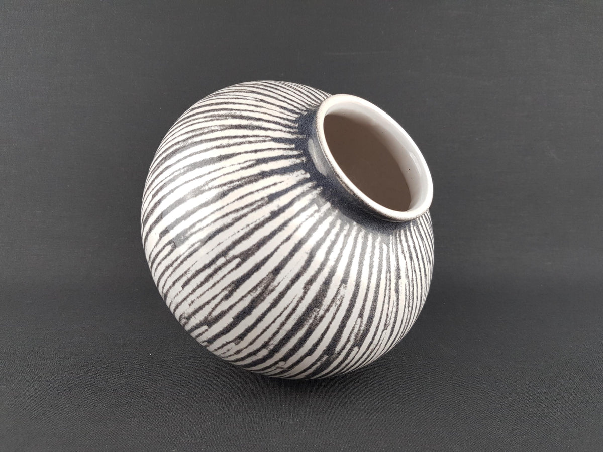 Vintage ES KERAMIK White Vase with Gray Stripes Decor 603-13 West German Pottery 1950s