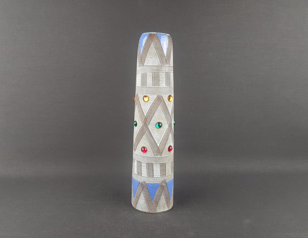 Vintage FRATELLI FANCIULLACCI Gray Blue Vase 8391 Sgraffito Lines Toscana Decor 1950s 1960s