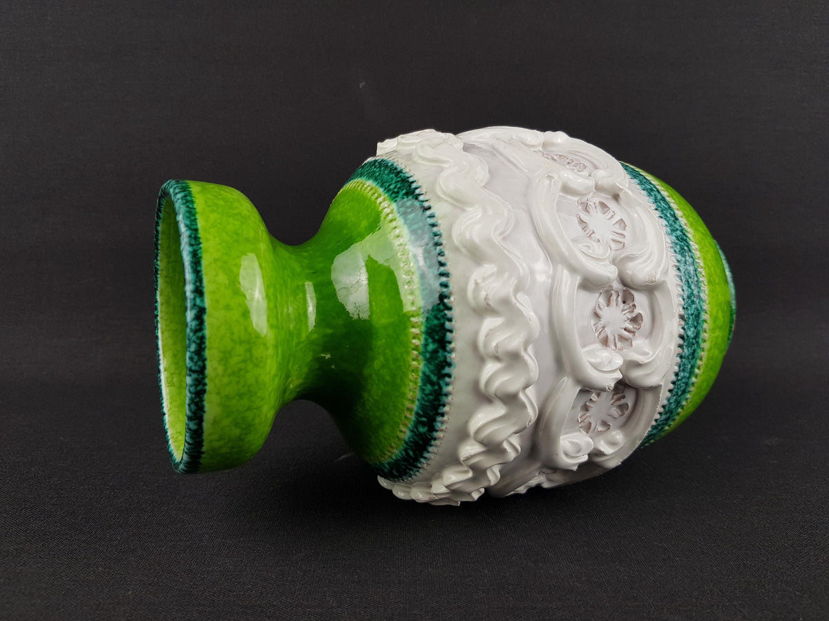 Vintage NUOVO RINASCIMENTO CERAMICHE Handpainted Green Vase with Relief Decor 1960s Italian Pottery