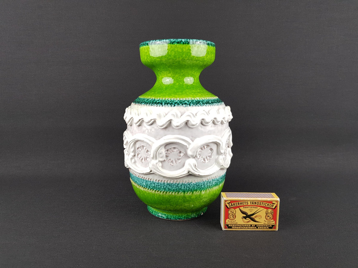 Vintage NUOVO RINASCIMENTO CERAMICHE Handpainted Green Vase with Relief Decor 1960s Italian Pottery