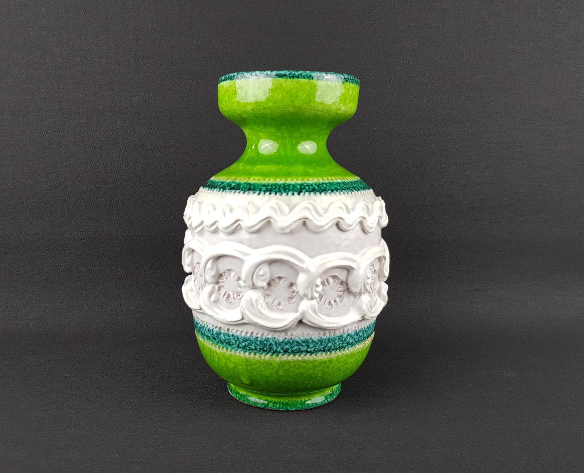 Vintage NUOVO RINASCIMENTO CERAMICHE Handpainted Green Vase with Relief Decor 1960s Italian Pottery