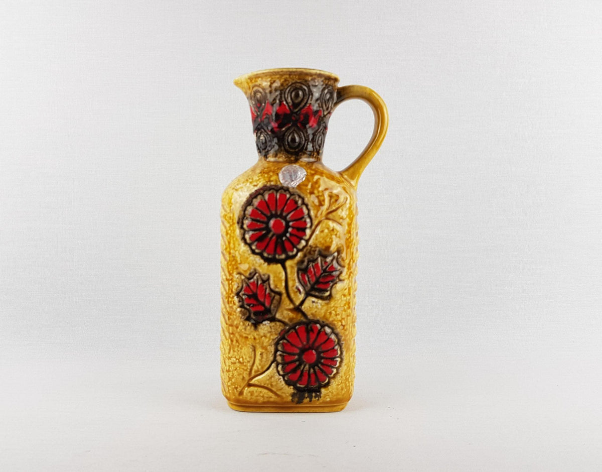 Vintage ÜBELACKER Keramik Yellow Vase With Red Floral Decor 1754/24 West German Pottery 1970s