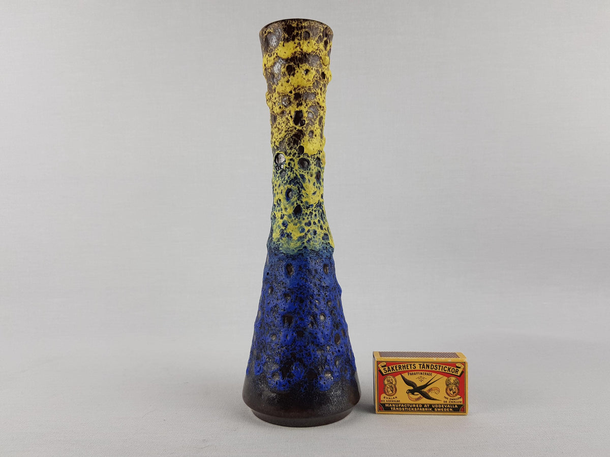 Vintage STEULER KERAMIK Blue and Yellow Fat Lava Vase 4125 3 West German Pottery 1950s