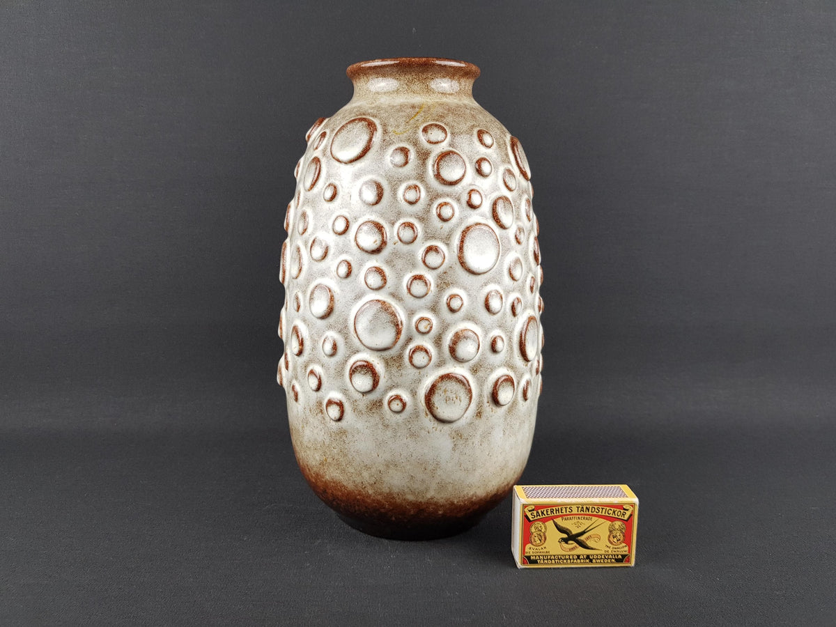 Vintage JASBA KERAMIK White and Brown Vase With Crater Glaze N900 11 25 West German Pottery 1970s