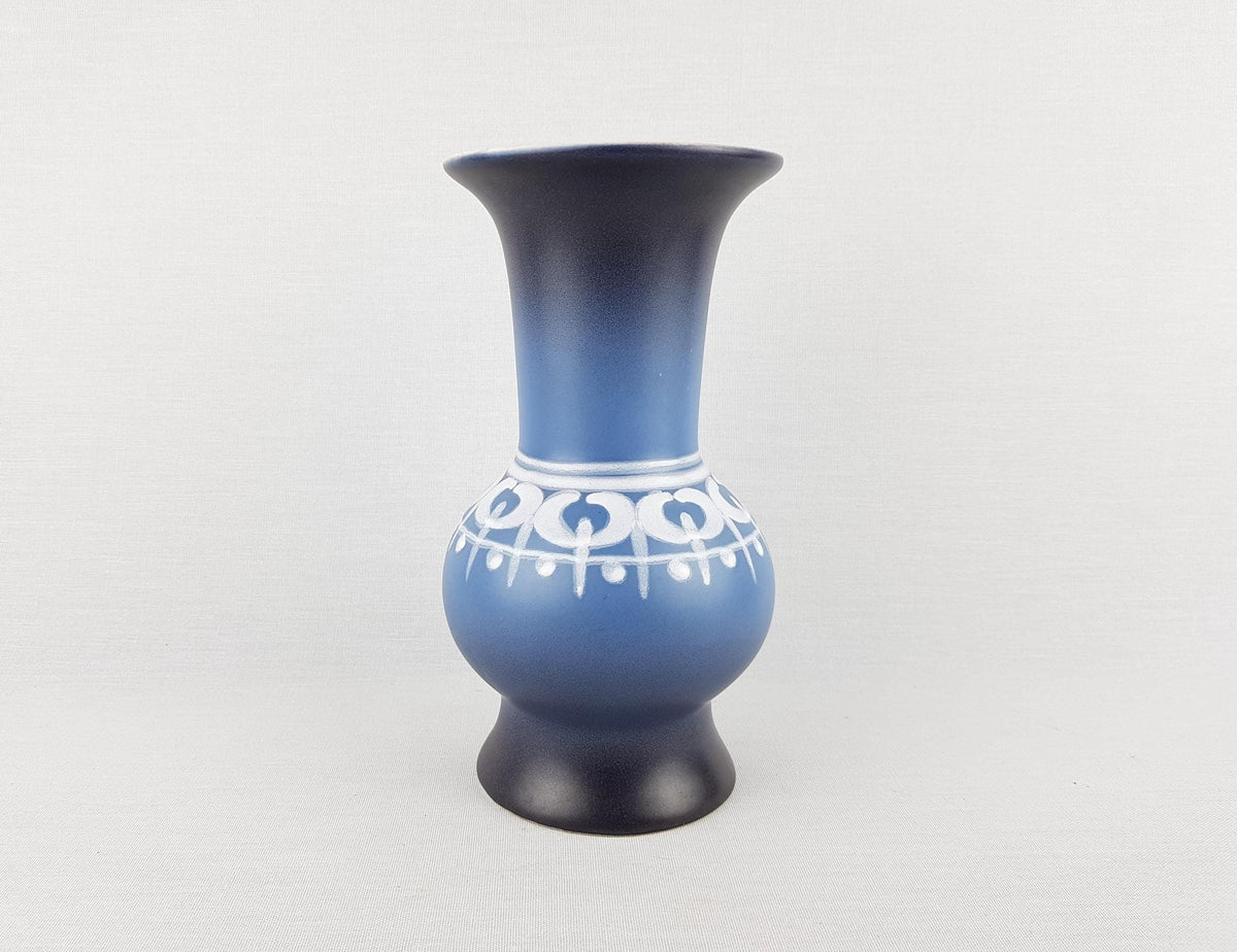 Vintage FLORA GOUDA HOLLAND Ceramic Blue Vase With Lotus Decor 1891 Dutch Pottery 1970s