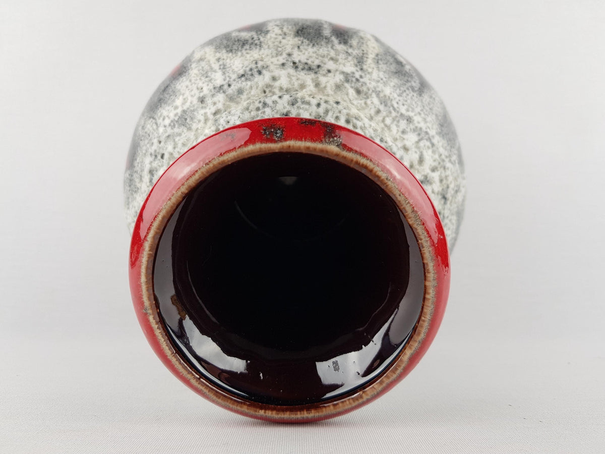 Vintage BAY KERAMIK Red Vase With White and Gray Dripped Fat Lava Decor 66 25 West German Pottery 1960s