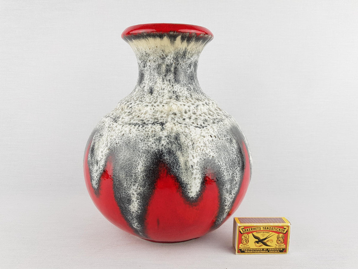 Vintage BAY KERAMIK Red Vase With White and Gray Dripped Fat Lava Decor 66 25 West German Pottery 1960s