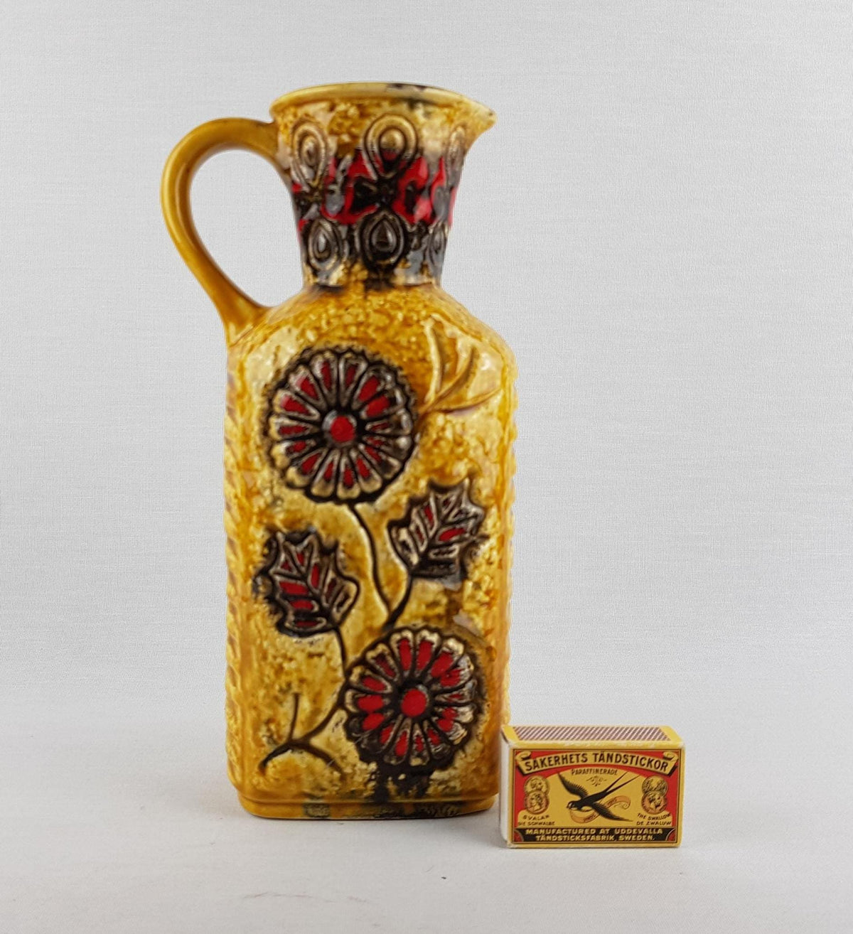 Vintage ÜBELACKER Keramik Yellow Vase With Red Floral Decor 1754/24 West German Pottery 1970s