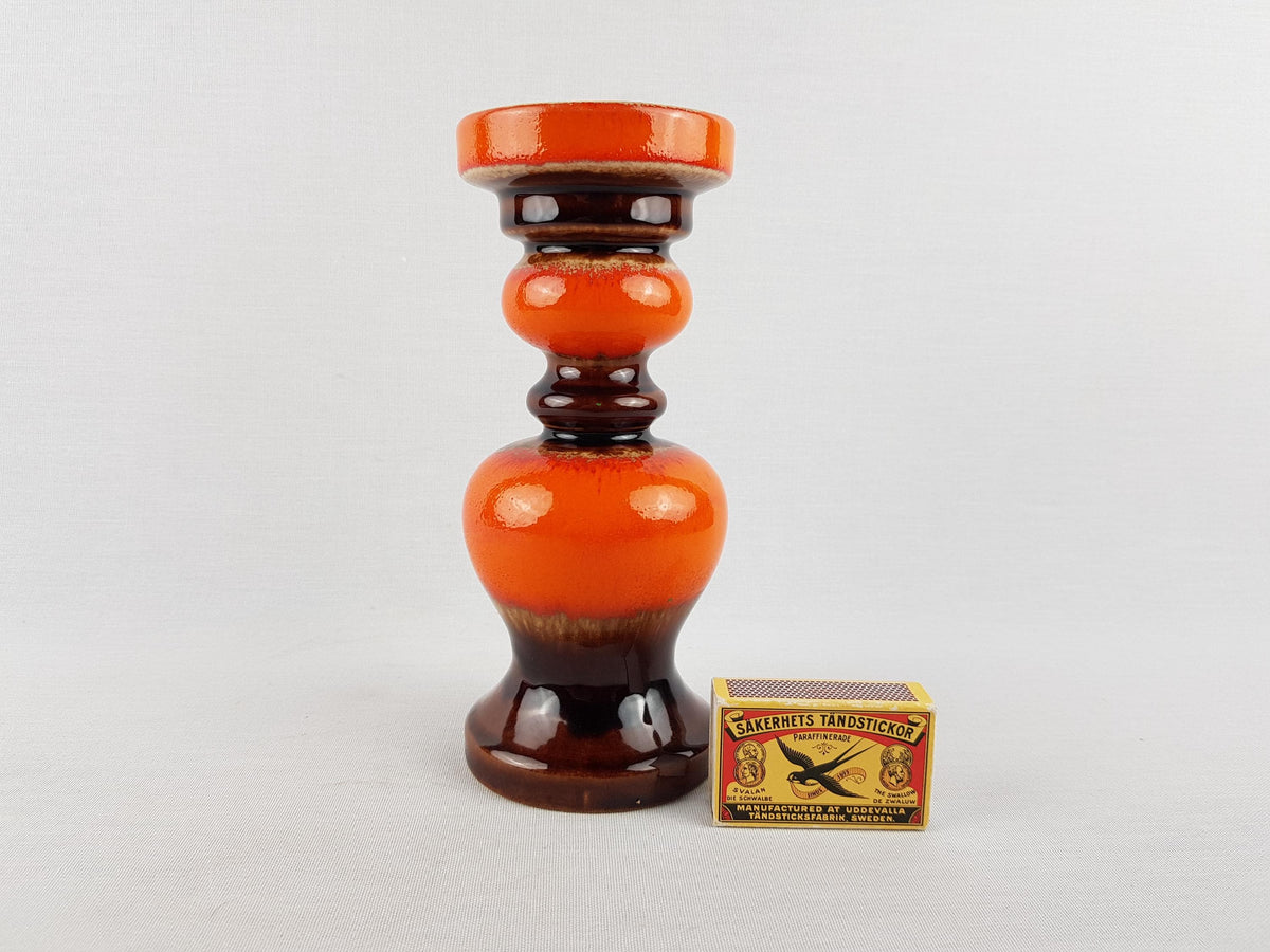 Vintage JASBA KERAMIK Orange And Brown Hooped Candle Holder West German Pottery 1960s 1970s
