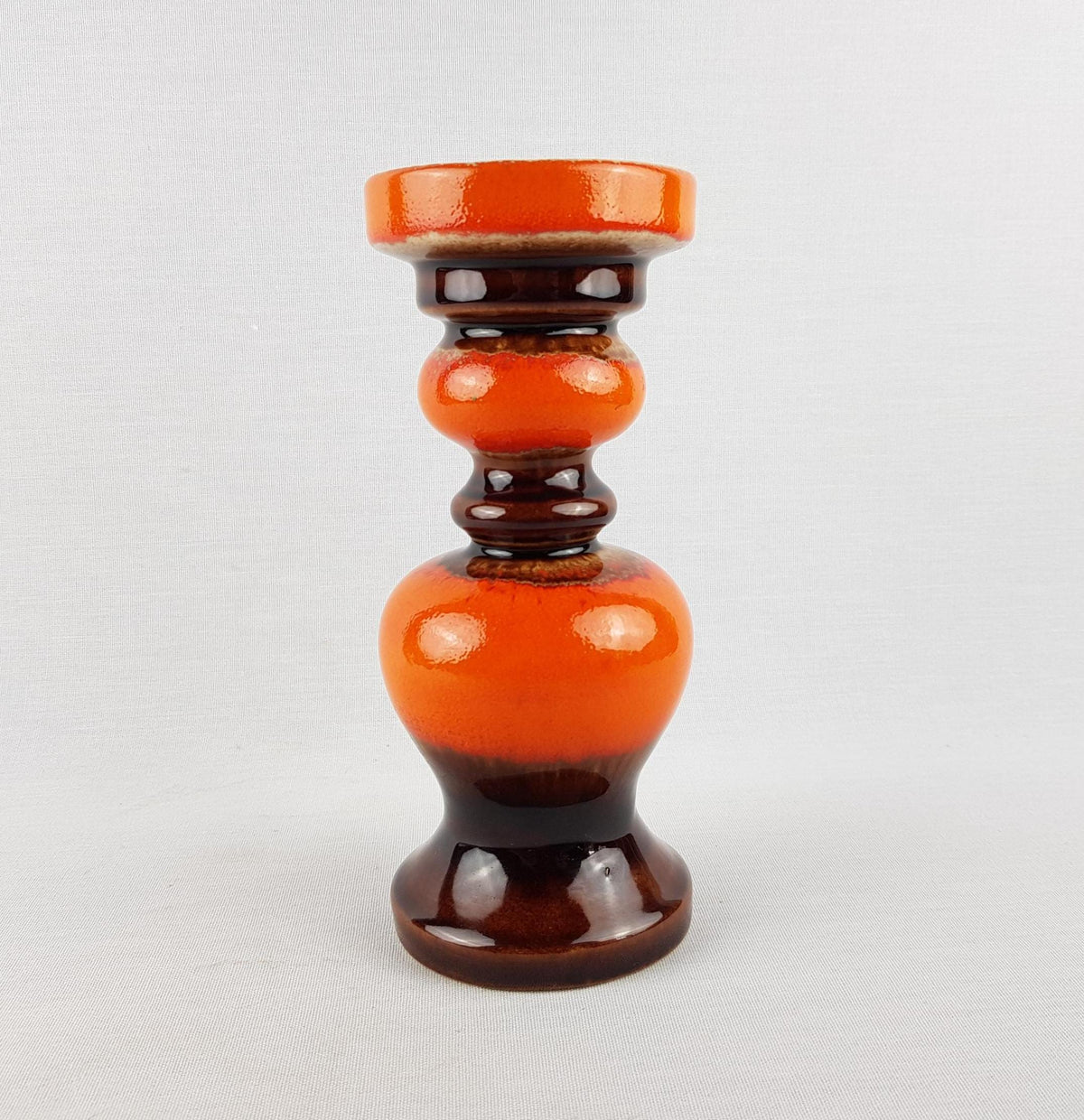 Vintage JASBA KERAMIK Orange And Brown Hooped Candle Holder West German Pottery 1960s 1970s