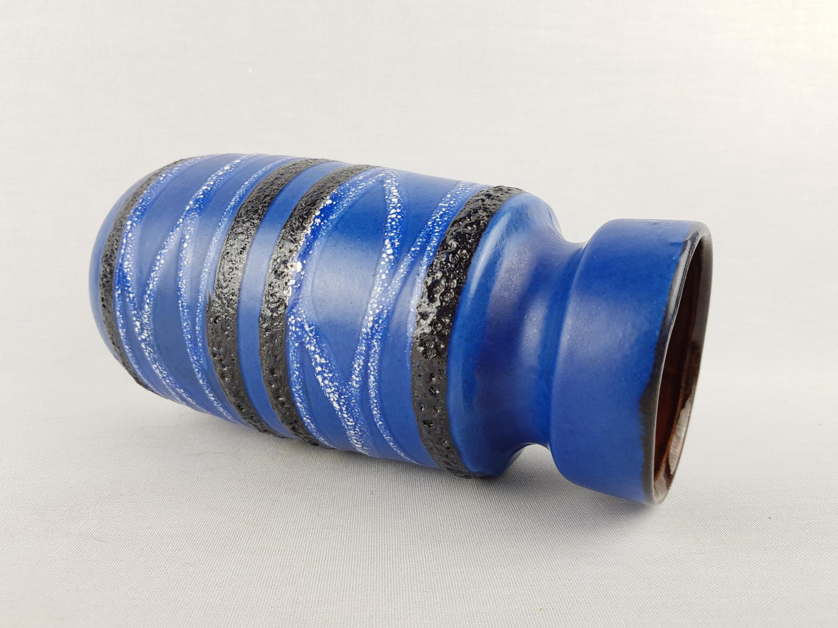 Vintage SCHEURICH KERAMIK Blue Vase With Black and White Fat Lava Decor 242-22 West German Pottery 1970s