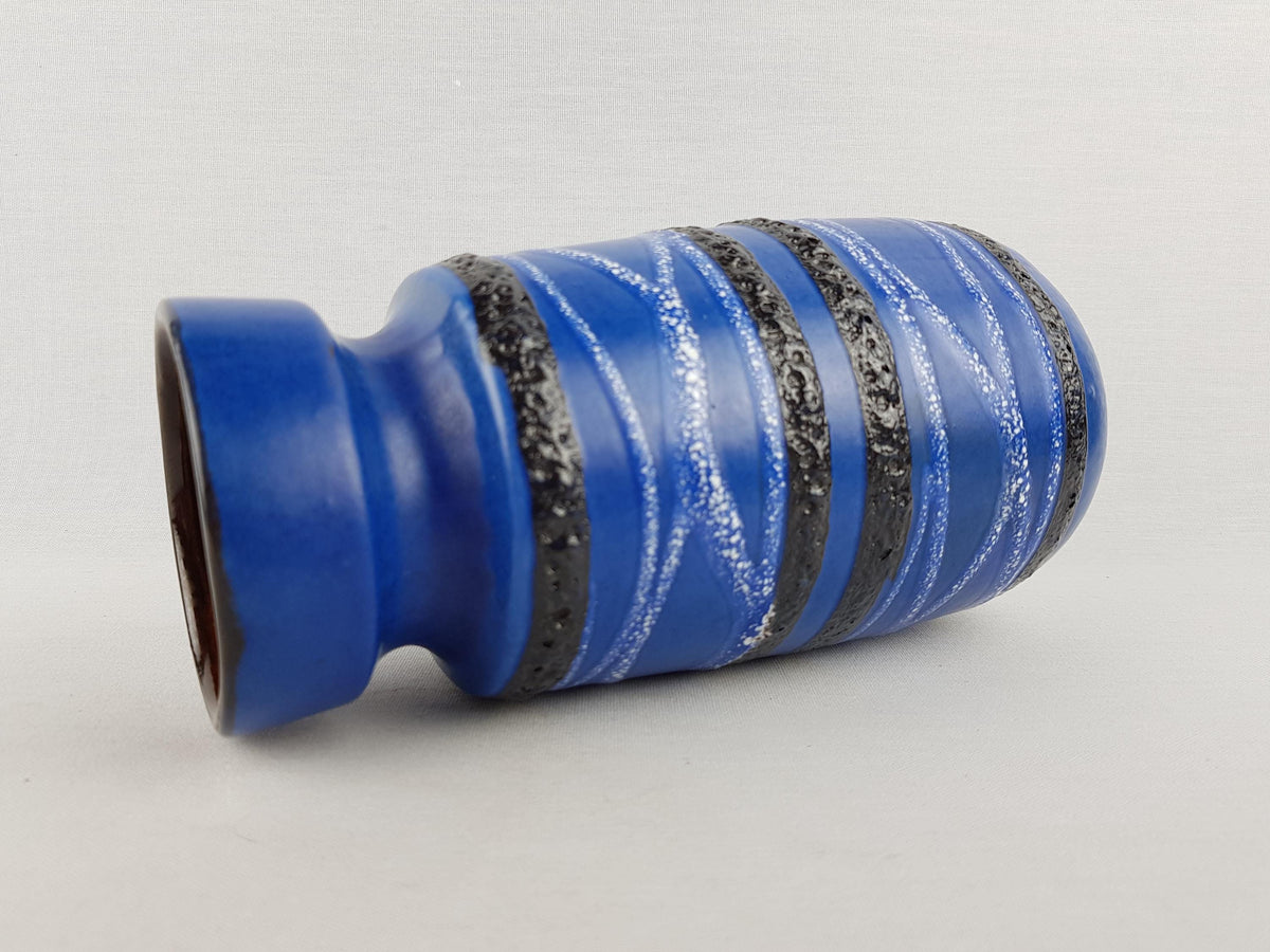 Vintage SCHEURICH KERAMIK Blue Vase With Black and White Fat Lava Decor 242-22 West German Pottery 1970s
