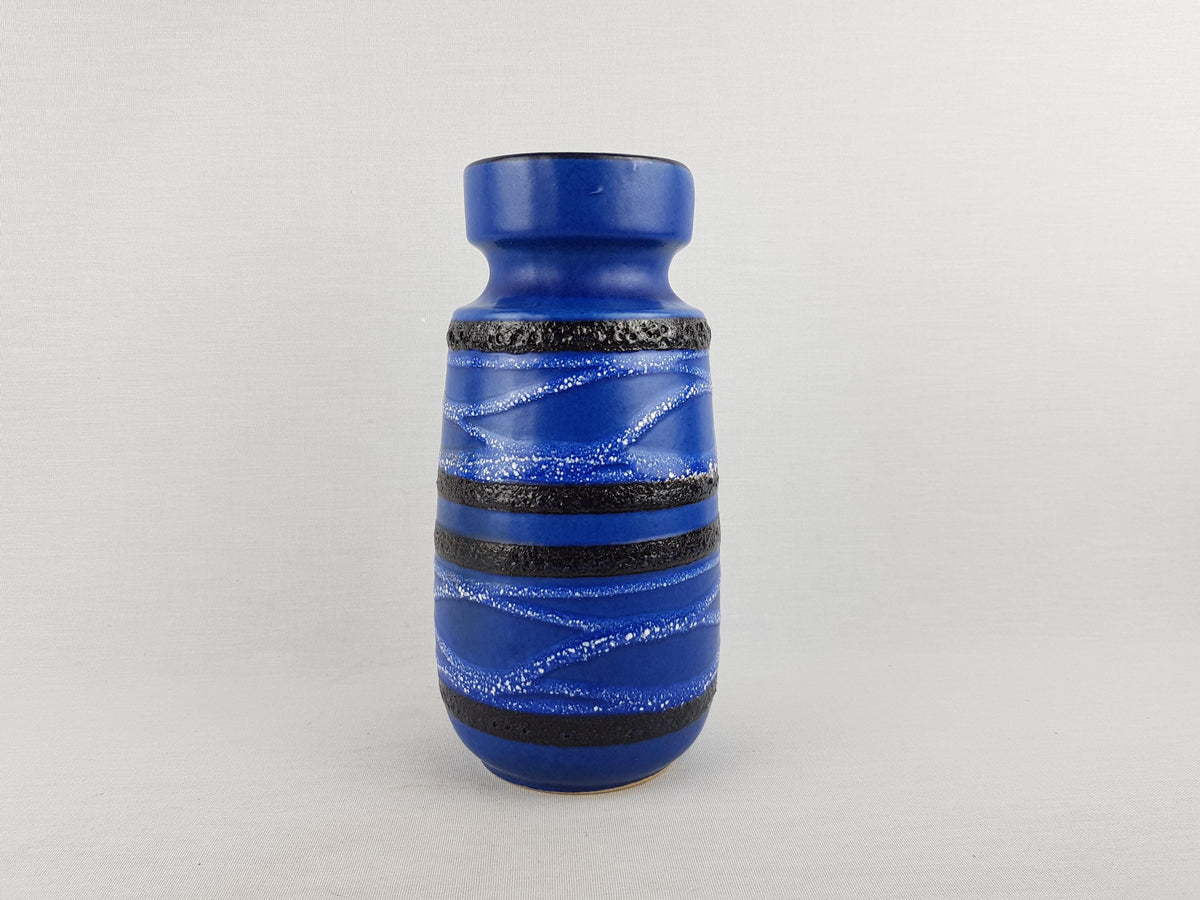 Vintage SCHEURICH KERAMIK Blue Vase With Black and White Fat Lava Decor 242-22 West German Pottery 1970s