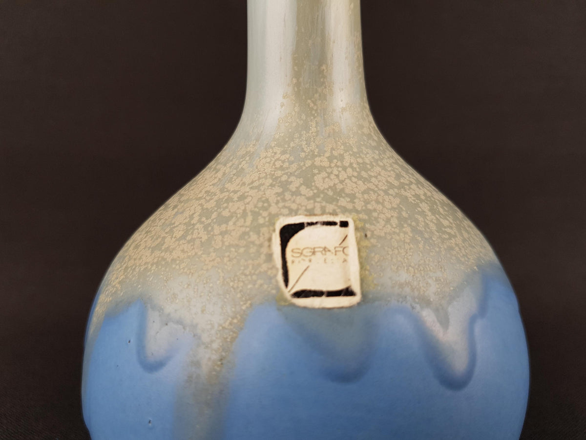Vintage Sgrafo Vase: Blue Drip Lava Decor, West German Pottery
