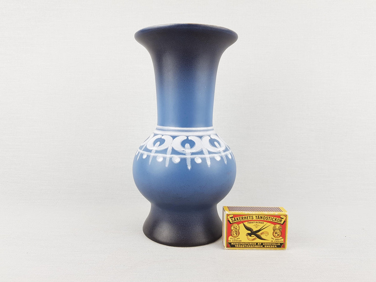 Vintage FLORA GOUDA HOLLAND Ceramic Blue Vase With Lotus Decor 1891 Dutch Pottery 1970s