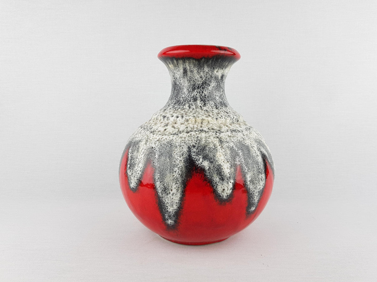 Vintage BAY KERAMIK Red Vase With White and Gray Dripped Fat Lava Decor 66 25 West German Pottery 1960s