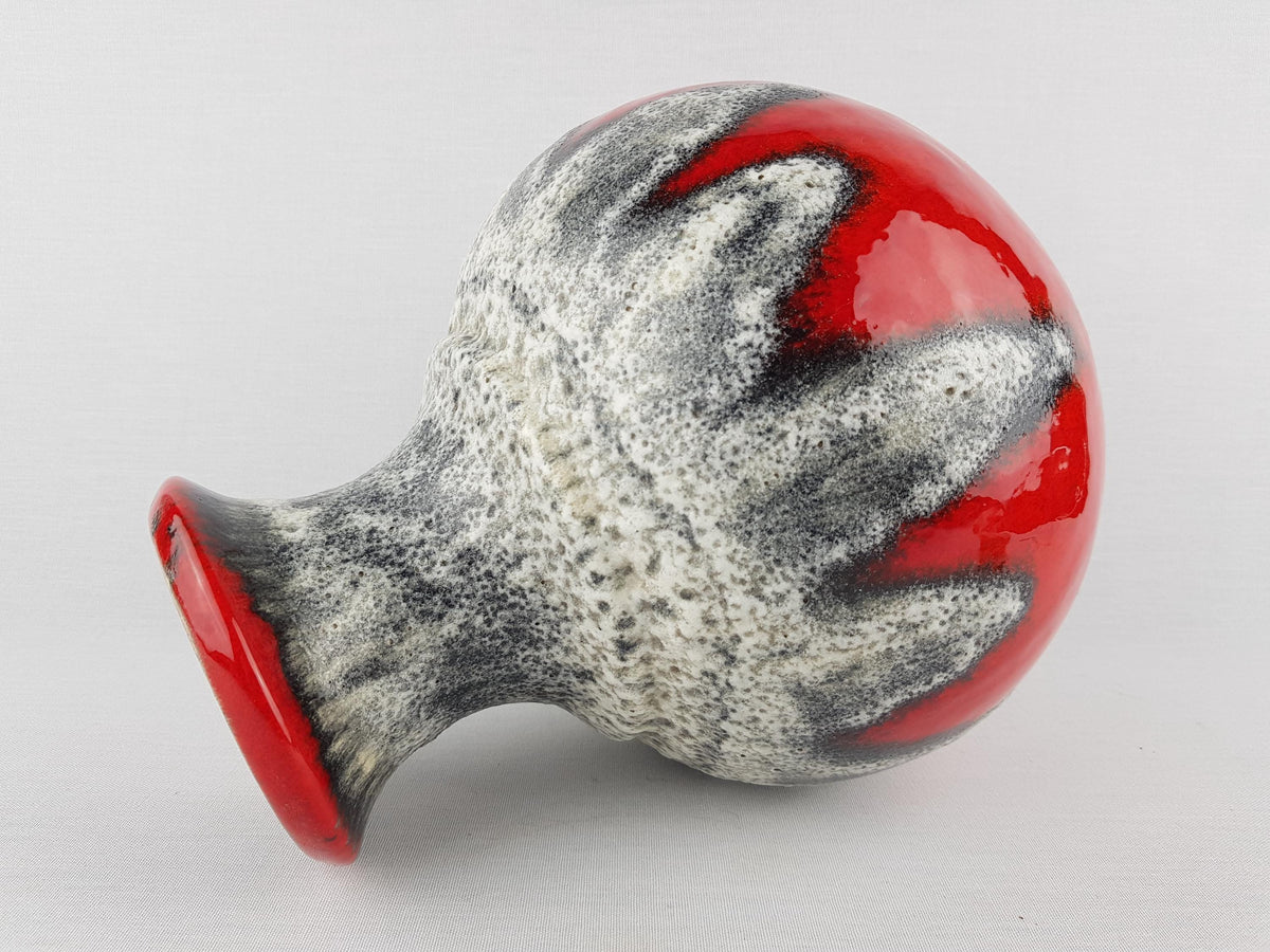 Vintage BAY KERAMIK Red Vase With White and Gray Dripped Fat Lava Decor 66 25 West German Pottery 1960s