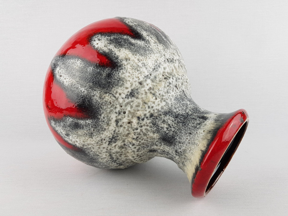 Vintage BAY KERAMIK Red Vase With White and Gray Dripped Fat Lava Decor 66 25 West German Pottery 1960s