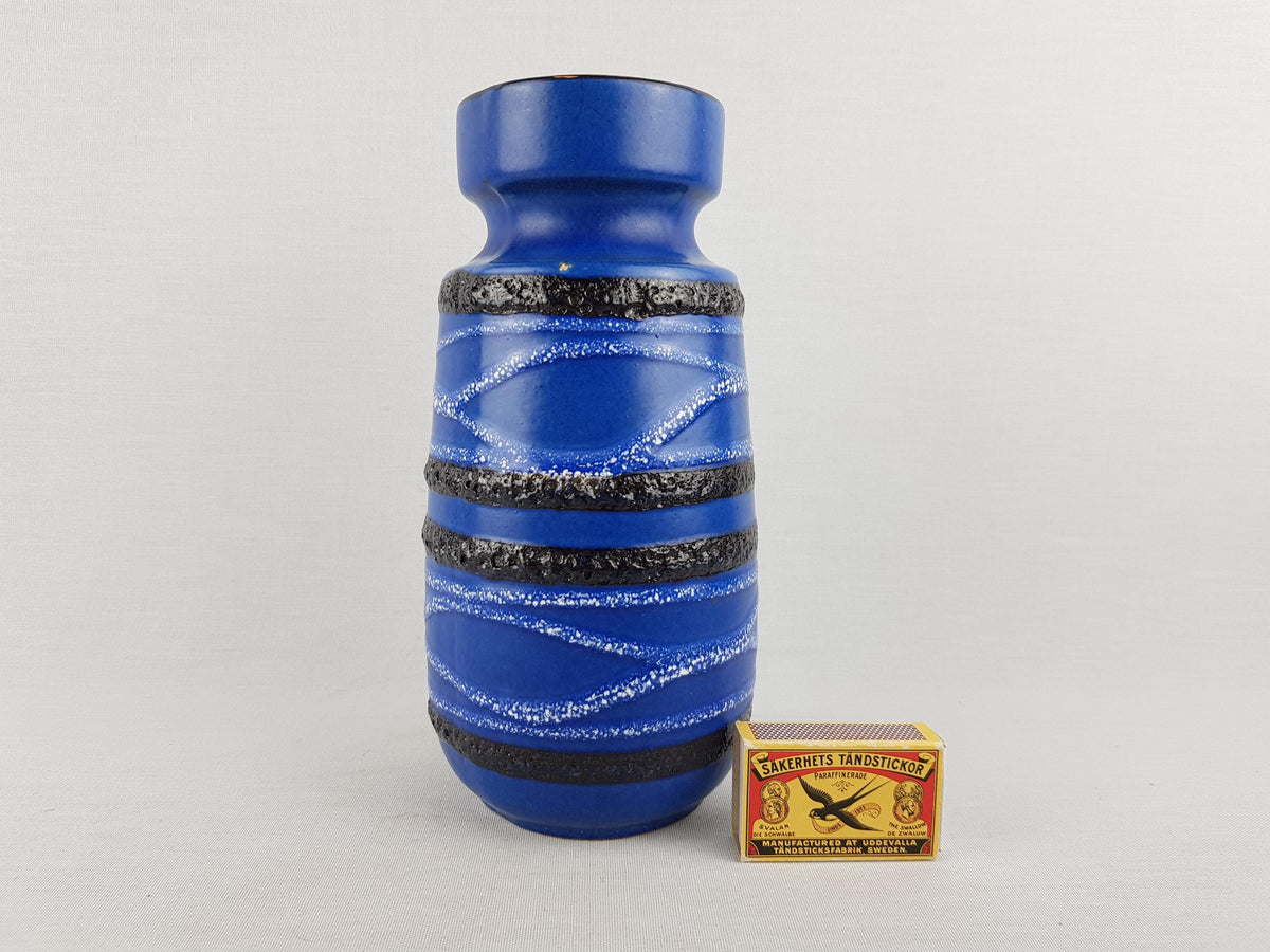 Vintage SCHEURICH KERAMIK Blue Vase With Black and White Fat Lava Decor 242-22 West German Pottery 1970s