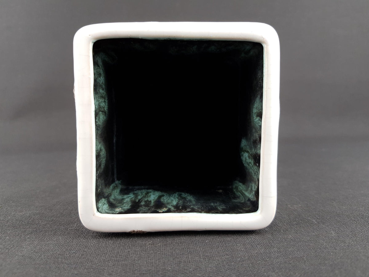 Vintage FOHR KERAMIK White Rectangular Vase With Green Zig-Zag Fat Lava Decor 341 West German Pottery 1958